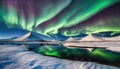 Aurora Borealis over frozen snow-covered landscape