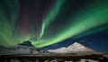 Aurora Borealis over frozen snow-covered landscape