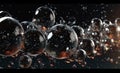 Ethereal Dance: Soda Bubbles and Sparkling Water Droplets Floating in Space. Abstract Background with Transparent Crystal-Like