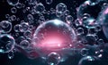 Ethereal Dance: Soda Bubbles and Sparkling Water Droplets Floating in Space. Abstract Background with Transparent Crystal-Like