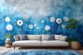 Concept Nature Photography, Dreamy Aesthetics, Botanical Ethereal Dandelion Dreams on Blue Canvas