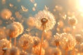 Ethereal Dandelion Whispers in Sunlight. Concept Botanical Macro, Dreamy Nature, Magical Light,