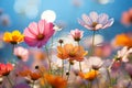Ethereal defocused cosmos flower field in sunlit meadow, nature s captivating artistic beauty