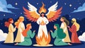 An ethereal drawing of a group of angels gathered around a heavenly fire as one of them recites a celestial poem about