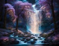 Ethereal, dreamlike forest with glowing trees shimmering in the moonlight and delicate waterfall cascading down Royalty Free Stock Photo