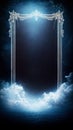 Ethereal Dreamscape with Ornate Frame, Clouds, and Mystical Blue Glow Royalty Free Stock Photo