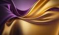 Ethereal Dreamy Abstract Background with 3D Wave in Bright Gold and Purple Gradient Silk Fabric for Web and Landing Pages.