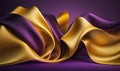 Ethereal Dreamy Abstract Background with 3D Wave in Bright Gold and Purple Gradient Silk Fabric for Web and Print Design.