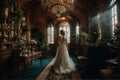 Ethereal Elegance, A Visionary Bride Poses Amidst Timeless Splendor in a Surreal Chamber