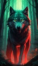 Ethereal Encounter The Glowing-Eyed Wolf Emerges from the Forest, Mouth Agape in a Fiery Aura