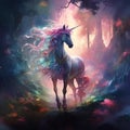 Ethereal Encounter - A mystical unicorn gracefully emerges from a veil of shimmering mist in a mystical forest