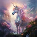 Ethereal Encounter - A mystical unicorn gracefully emerges from a veil of shimmering mist in a mystical forest