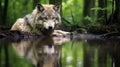 Ethereal Encounter: Solitary Wolf and Its Reflection