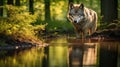 Ethereal Encounter: Solitary Wolf and Its Reflection