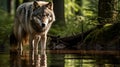 Ethereal Encounter: Solitary Wolf and Its Reflection