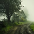 Ethereal Enigma: Isolated Rural House Shrouded in Green Scary Fog