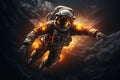 Astronaut Floating amidst the Enigmatic Vastness of Outer Space. Fire-Burning Spacesuit