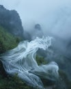 Ethereal fabric flowing through a misty mountain landscape