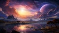 Ethereal fantastical landscape with a vibrant clouds, radiant sunset and starlit sky mirroring in water. Concept of