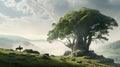 Ethereal Fantasy Scene: Giant Tree In Serene Meadow