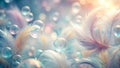 Ethereal feathers and shimmering bubbles a dreamlike pastel composition. Generative AI