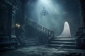 Ethereal female wraith in white haunting a ruined hall of abandoned mansion. Generative AI