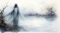 Ethereal White Woman Walking In Water: Gothic Speedpainting With Necronomicon Illustrations