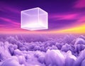 Ethereal Floating Cube Amidst Soft Clouds, Generative AI