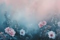 Ethereal floral dream: pink blooms and misty blues, ideal for backgrounds and canvas prints. serene and artistic. AI