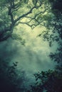 Ethereal forest in dreamscape misty morning. Generative AI Illustration.