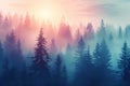 Ethereal forest scene with a soft pink sunrise and silhouetted evergreens shrouded in mist