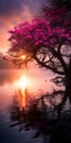 Ethereal Fuchsia Sunrise: Fine Art Photography Of A Pink Tree By The River