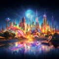 Ethereal futuristic cityscape of Melbourne at twilight with vibrant neon lights