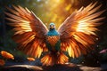 Ethereal Gaze: Mythical Fantasy Bird with Vibrant Glowing Colors on Abstract Art Background