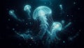 ethereal glowing jellyfish gently drifting through a dark ocean abyss illuminated by soft bioluminescent light Royalty Free Stock Photo