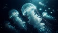 ethereal glowing jellyfish gently drifting through a dark ocean abyss illuminated by soft bioluminescent light Royalty Free Stock Photo