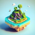 Ethereal green island floating in the sky, complete with a mountain, a river, and a waterfall. Fantasy island design abstracted in