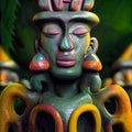 Ethereal guardian. Intense closeup of Maya totem deity's enigmatic face. AI-generated