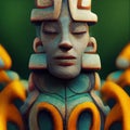 Ethereal guardian. Intense closeup of Maya totem deity's enigmatic face. AI-generated