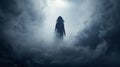 Ethereal Horror: Girl Walking Through Thick Steam Fog