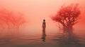Ethereal Horror: Woman Standing Alone In Red Landscape