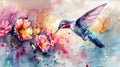 Ethereal Hummingbird Feeding on a Vibrant Floral Abstract in Dreamlike Watercolor Landscape