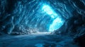 Ethereal ice cave illuminated by a bright blue light creating a magical and serene scene Royalty Free Stock Photo
