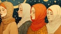 Ethereal illustration of diverse women in hijabs, united under a celestial night with moon and stars. Their profiles exude