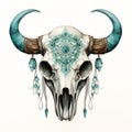 Ethereal Illustration Of Turquoise Jeweled Ox Skull - Pastel Gothic Art