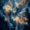 Ethereal jellyfish ballet in detailed cinematic ocean shot with scattering lighting Royalty Free Stock Photo