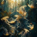 Ethereal jellyfish ballet graceful gliding in detailed ocean depths under scattering light