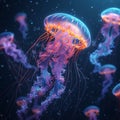 Ethereal jellyfish illuminate the dark ocean with an enchanting glow Royalty Free Stock Photo