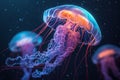 Ethereal jellyfish illuminate the dark ocean with an enchanting glow
