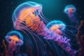 Ethereal jellyfish illuminate the dark ocean with an enchanting glow Royalty Free Stock Photo